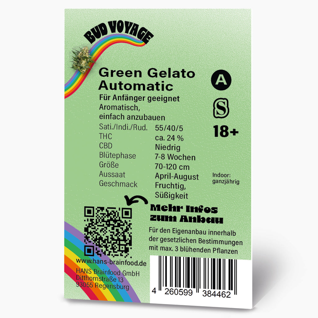 Bud Voyage Green Gelato Automatic Hanfsaatpackung mit Regenbogen, QR-Code und detaillierten Anweisungen zum Anbau, fruchtigem Geschmack und 7-8 Wochen Blütezeit
