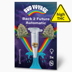 Bud Voyage, Back 2 Future Automatic Samenpackung zeigt Marihuana Blüten, ein Reagenzglas mit Samen, und ein Regenbogen auf violettem Hintergrund mit türkisfarbenen Wellen und  drei feminisierten Samen