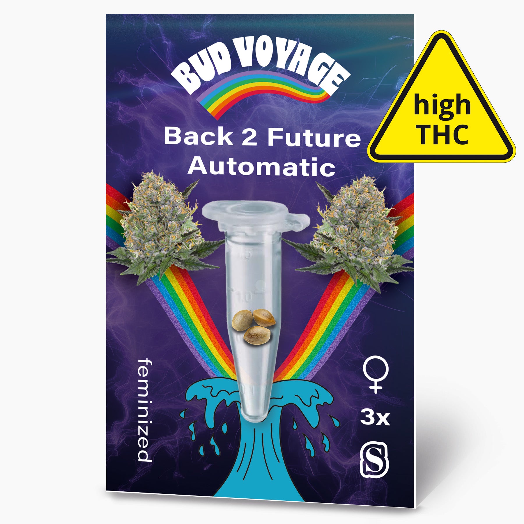 Bud Voyage, Back 2 Future Automatic Samenpackung zeigt Marihuana Blüten, ein Reagenzglas mit Samen, und ein Regenbogen auf violettem Hintergrund mit türkisfarbenen Wellen und  drei feminisierten Samen
