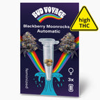 Bud Voyage Grafikdesign:  Blackberry Moonrocks Automatic Samenpackung mit drei feminisierten Samen,  Regenbogen,  blauer Welle und lilafarbenen Blütenständen
