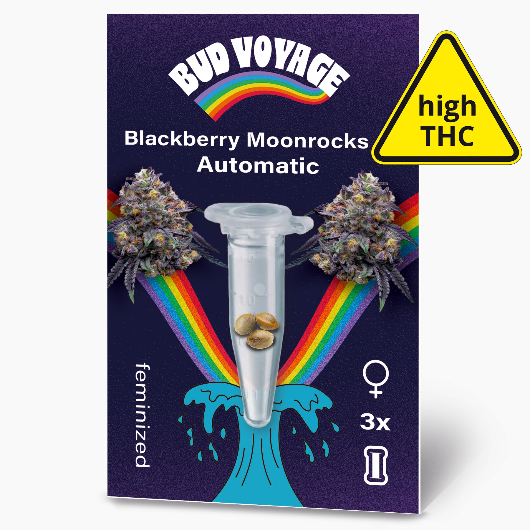 Bud Voyage Grafikdesign:  Blackberry Moonrocks Automatic Samenpackung mit drei feminisierten Samen,  Regenbogen,  blauer Welle und lilafarbenen Blütenständen
