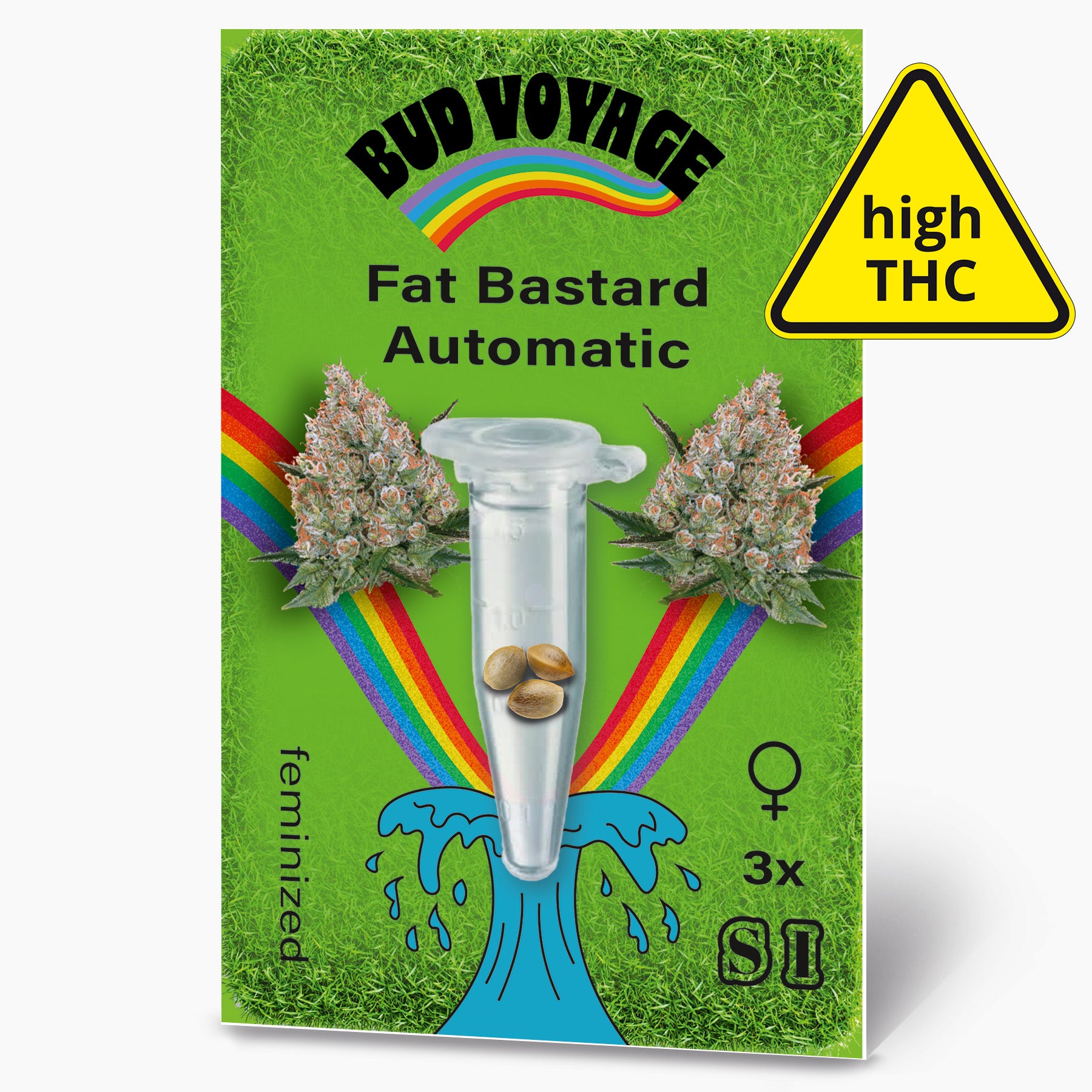 Bud Voyage Samensäckchen:  Grafik zeigt Marihuana-Blüten, drei Samen in einer Glasröhre, einen Regenbogen und einen grünen Rasen, hohe THC Konzentration
