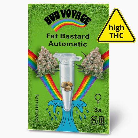 Bud Voyage Samensäckchen:  Grafik zeigt Marihuana-Blüten, drei Samen in einer Glasröhre, einen Regenbogen und einen grünen Rasen, hohe THC Konzentration
