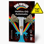 Bud Voyage Hellfire OG Automatic feminized cannabis seeds package showing three seeds in a microtube against a vibrant rainbow and dark background with a high THC warning label
