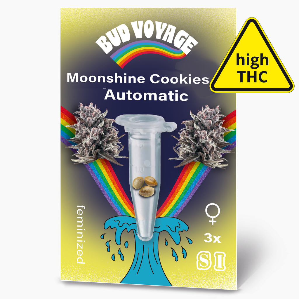 Bud Voyage Moonshine Cookies Automatic feminized cannabis seeds package art depicting vibrant rainbow, test tube with seeds, and stylized wave featuring purple buds and a high THC warning
