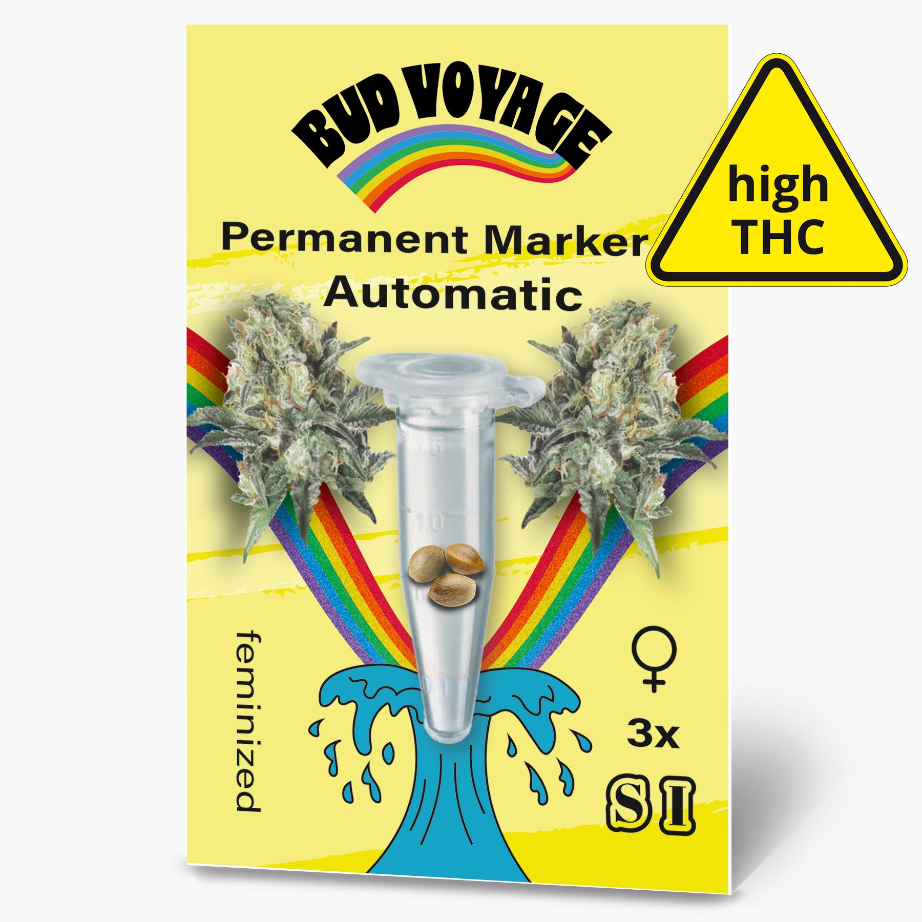 Bud Voyage Markenprodukt: Illustration von Marihuana Samen in einer Testtube, umgeben von Regenbogen und einer stilisierten Welle, mit auffälligen grünen Cannabis Blüten und drei feminisierten Samen