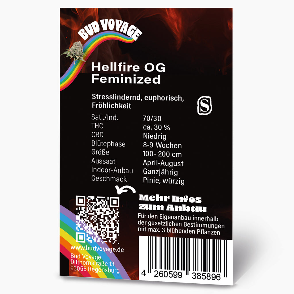 Bud Voyage Grafikdesign, Hellfire OG feminisierte Cannabis-Produktverpackung mit Regenbogen, Flammenhintergrund und QR-Code für Anbauinformationen
