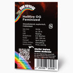 Bud Voyage Grafikdesign, Hellfire OG feminisierte Cannabis-Produktverpackung mit Regenbogen, Flammenhintergrund und QR-Code für Anbauinformationen
