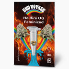 Bud Voyage  Samenstelling: Hellfire OG feminisierte Hanfsamen  in einem Reagenzglas vor einem Hintergrund aus Flammen und einem Regenbogen mit drei Samen, die hellbraun und leicht grün sind