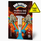 Bud Voyage artwork depicting Hellfire OG feminized cannabis seeds in a test tube against a fiery background with a rainbow and vibrant blue water splash
