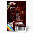 Graphic design by Bud Voyage depicting Hellfire OG Automatic cannabis strain showcasing a vibrant rainbow, a QR code, and a barcode on a dark red background
