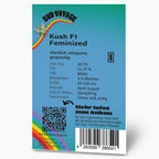Bud Voyage Grafikdesign: Kush F1 feminisierte Hanfsaatpackung mit Regenbogen, QR-Code und detailliertem Produktinformationstext auf blauem Hintergrund
