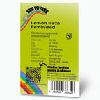 Bud Voyage graphic design featuring a rainbow, cannabis bud, and QR code with details on Lemon Haze Feminized cannabis strain including citrus, sweet, and sour flavor notes
