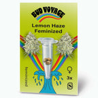 Bud Voyage graphic design, Lemon Haze Feminized cannabis seeds package showing three seeds in a test tube, vibrant rainbow, and stylized water graphic
