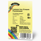 Grafikdesign von Bud Voyage: Lemon Ice Cream feminisierte Cannabis-Samen, zeigt einen Regenbogen, ein Marihuana-Blütenstand und einen QR-Code mit fruchtigen, zitrischen und Zitronen-Noten