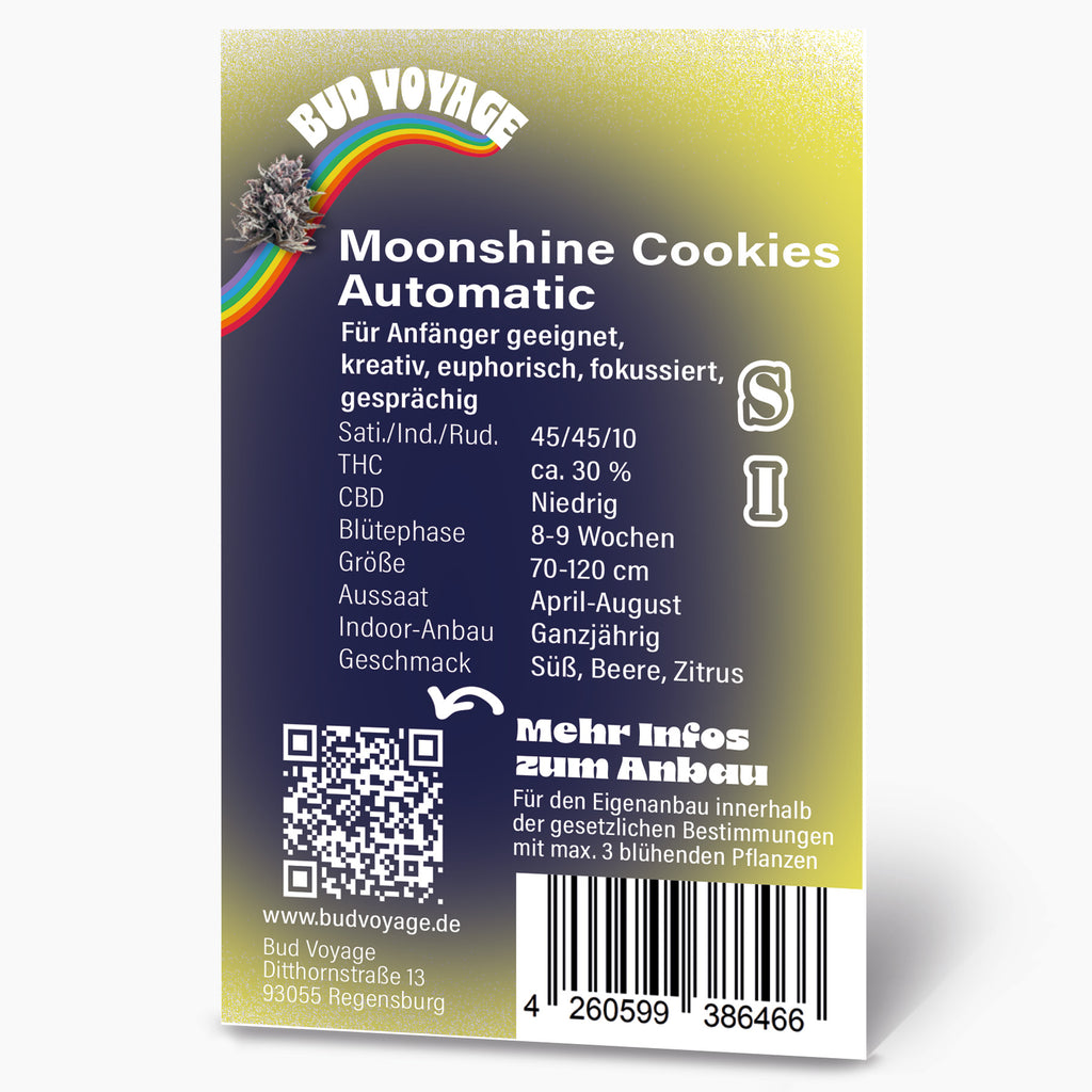 Bud Voyage Produktgrafik zeigt Moonshine Cookies Automatic Cannabispflanze mit Regenbogen und süßen, beerigen, zitrusartigen Farbakzenten vor dunklem Hintergrund
