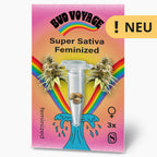 Bud Voyage Samenkollektion:  Super Sativa feminisiert Samen in einer Mikrotesttube vor Regenbogenhintergrund mit zwei Marihuana-Blüten und einem stilisierten Wellendesign
