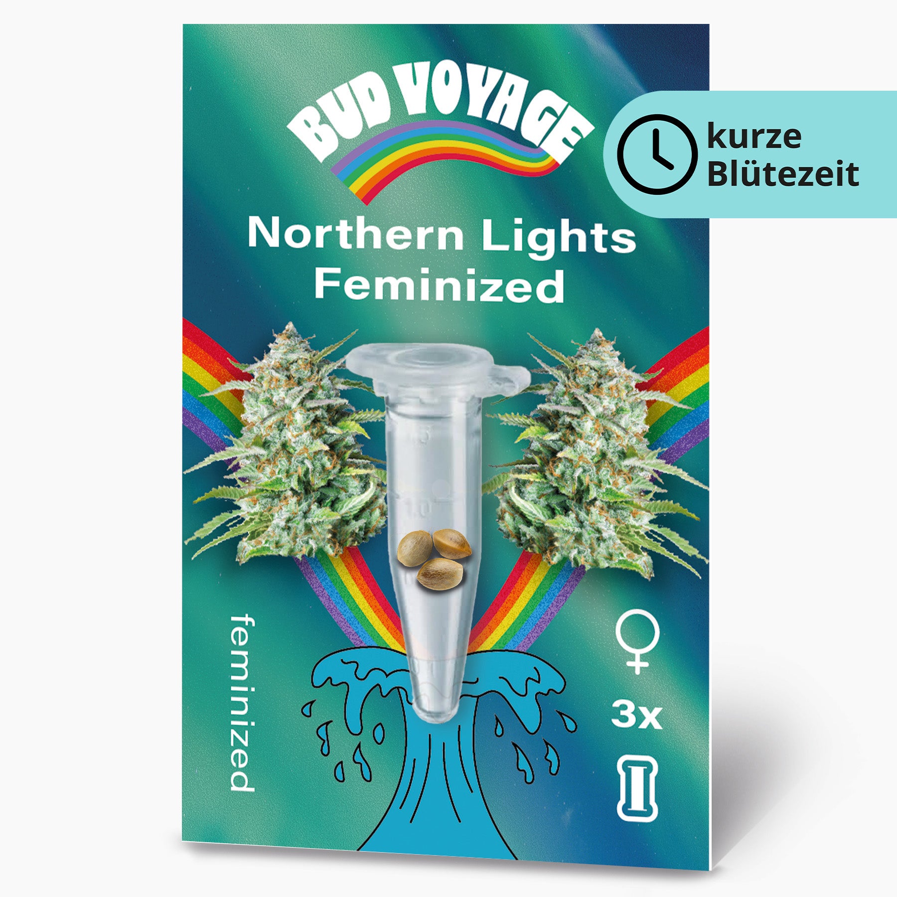 Bud Voyage Produktgrafik: feminisierte Northern Lights Hanfsamen vor dem Hintergrund eines Regenbogens und Nordlichtern mit drei Samen in einer Reagenzglas und stylisierten Wellen