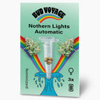 Bud Voyage Grafikdesign: Northern Lights Automatic Hanfsamen in einer Testtube, umgeben von einem Regenbogen und türkisfarbenen Wellen, zeigen drei feminisierte Samen und Marihuana Blüten
