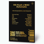 Grafikdesign von Bud Voyage, Produktinformationen für OG Kush x MAC Automatic Hanfsamen, mit QR-Code, Barcode und goldenen Details auf schwarzem Hintergrund
