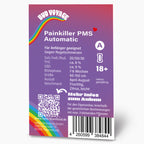 Graphic design by Hans Brainfood GmbH,  PainKiller PMS Automatic product label showing a vibrant rainbow,  a barcode, and detailed cultivation information including  THC and CBD percentages.
