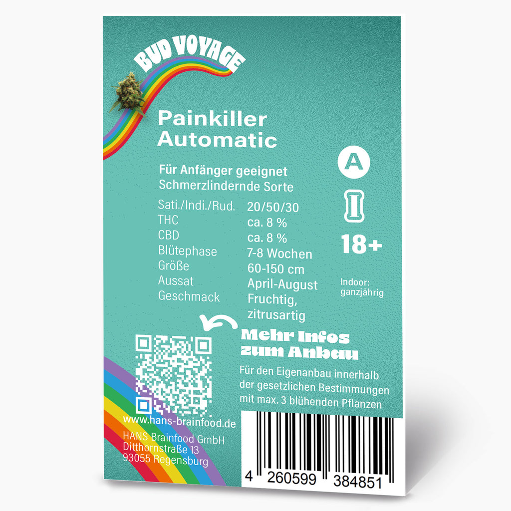 Graphic design featuring a vibrant rainbow, cannabis bud, and product details for Painkiller Automatic seeds, highlighting fruity and citrusy flavors and a 7-8 week flowering period.

