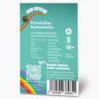 Graphic design featuring a vibrant rainbow, cannabis bud, and product details for Painkiller Automatic seeds, highlighting fruity and citrusy flavors and a 7-8 week flowering period.
