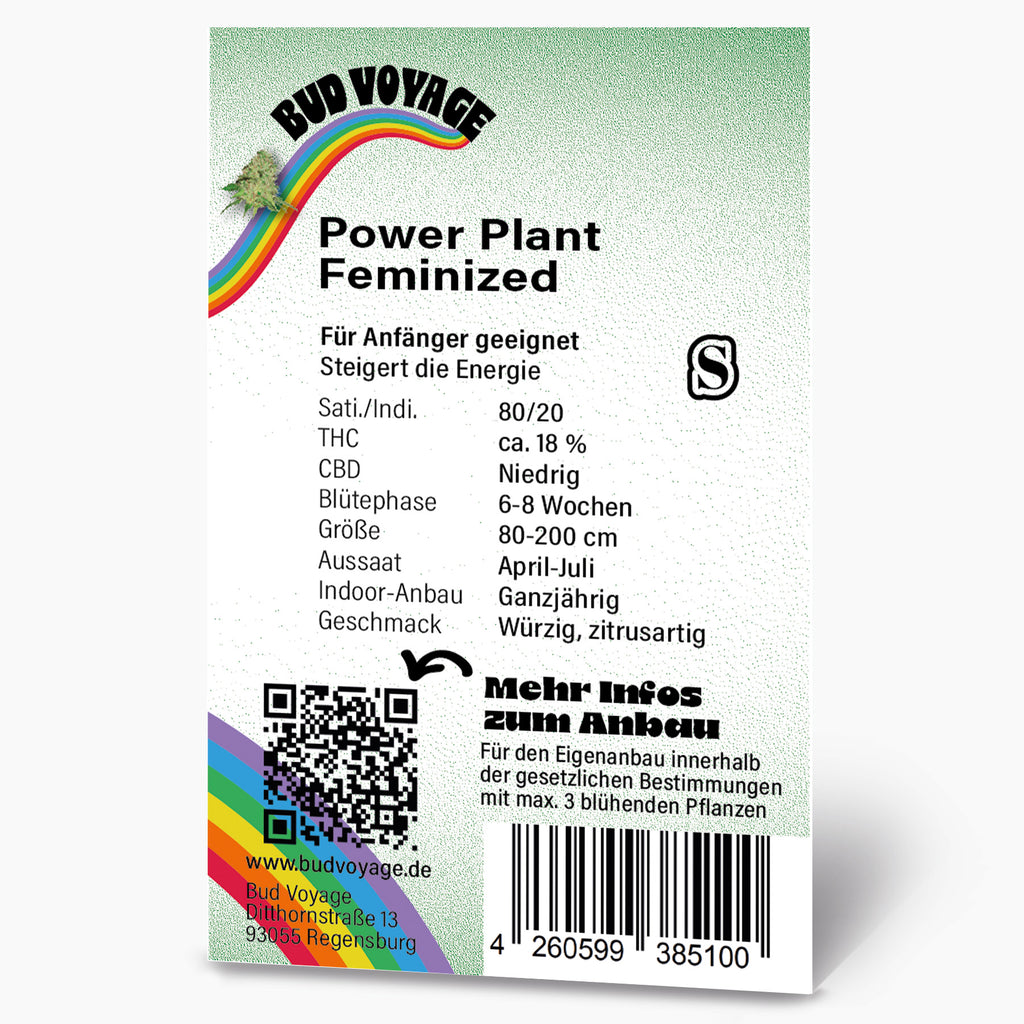 Bud Voyage seed package featuring a vibrant rainbow, a detailed cannabis bud image, and product information including THC and CBD percentages.
