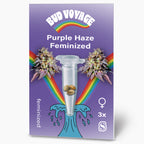 Bud Voyage Purple Haze Feminized cannabis seeds package showing three seeds in a test tube flanked by purple haze buds against a vibrant rainbow and purple background
