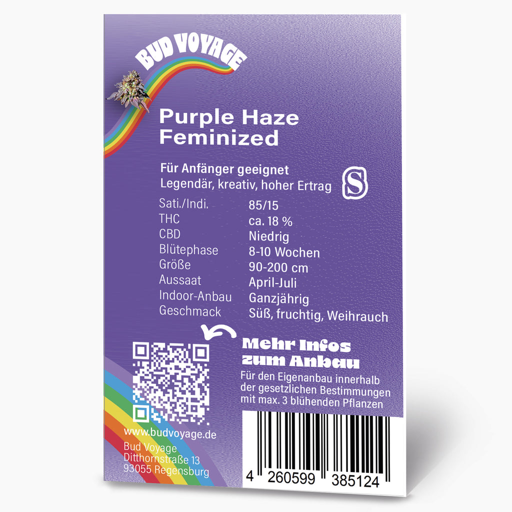 Bud Voyage graphic design featuring a purple haze feminized cannabis bud against a rainbow, showcasing a vibrant purple hue, a detailed bud structure, and a colorful rainbow arc.

