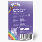 Bud Voyage graphic design featuring a purple haze feminized cannabis bud against a rainbow, showcasing a vibrant purple hue, a detailed bud structure, and a colorful rainbow arc.
