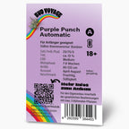 Graphic design by Bud Voyage depicting Purple Punch Automatic cannabis strain with a rainbow, QR code, and  barcode on a lavender background
