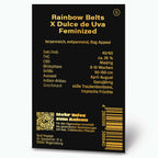 Grafikdesign von Bud Voyage, Produktinformationen für Rainbow Belts x Dulce de Uva feminisierte Cannabis-Samen,  zeigt QR-Code, Barcode und  detaillierte Angaben zur Pflanze in Gold auf schwarzem Hintergrund.
