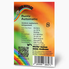 Bud Voyage Produktgrafik zeigt Runtz Automatic Hanfsamen mit Regenbogen, QR-Code und Barcode auf orangefarbenem Hintergrund  süßem, fruchtigem Geschmack und  8-9 Wochen Blütezeit

