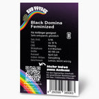 Bud Voyage Grafikdesign: Black Domina feminisierte Cannabis-Samenpackung mit Regenbogen, QR-Code und Produktdetails auf schwarzem Hintergrund
