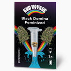 Bud Voyage: Digitaldruck,  Black Domina feminisierte Hanfsamen in einer Reagenzglas mit Regenbogen und türkisfarbener Welle dargestellt drei Samen sind sichtbar