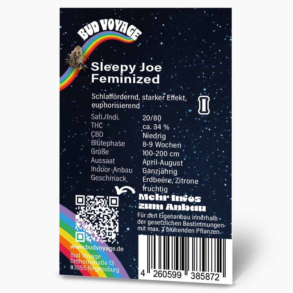 Bud Voyage graphic design, featuring a cannabis bud on a rainbow against a starry night sky, showcasing product details including strawberry and lemon flavor notes, and a QR code for more information
