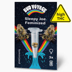 Bud Voyage graphic design featuring Sleepy Joe Feminized cannabis seeds in a microtube against a starry night sky with a vibrant rainbow and stylized wave three cannabis buds are shown with a high THC warning
