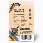 Graphic design, Bud Voyage seed packaging featuring a rainbow, cannabis bud, and QR code with product details