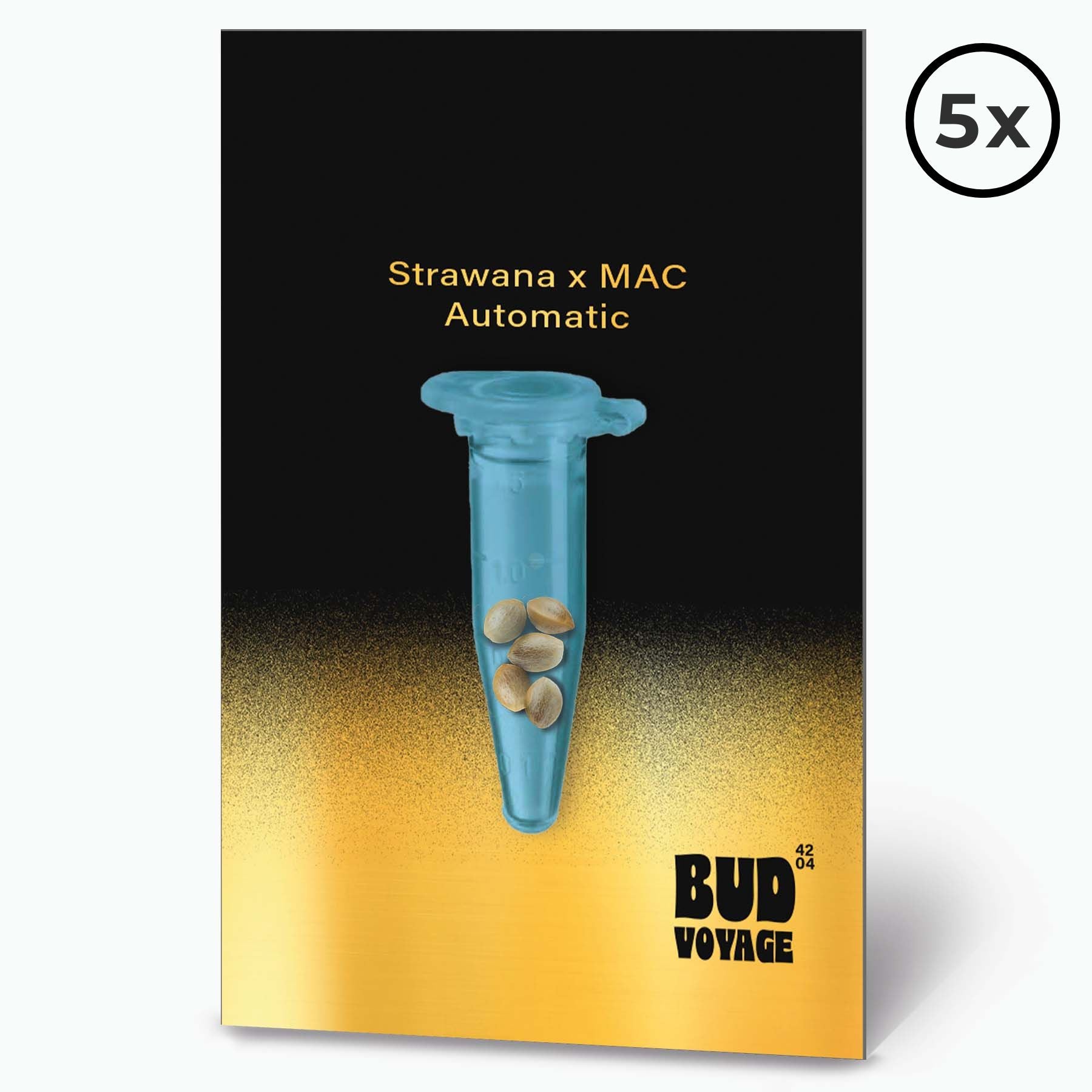 Bud Voyage digital artwork zeigt fünf Strawnana x MAC Automatic Hanfsamen in einer transparenten Glasröhre vor einem goldenen und schwarzen Hintergrund
