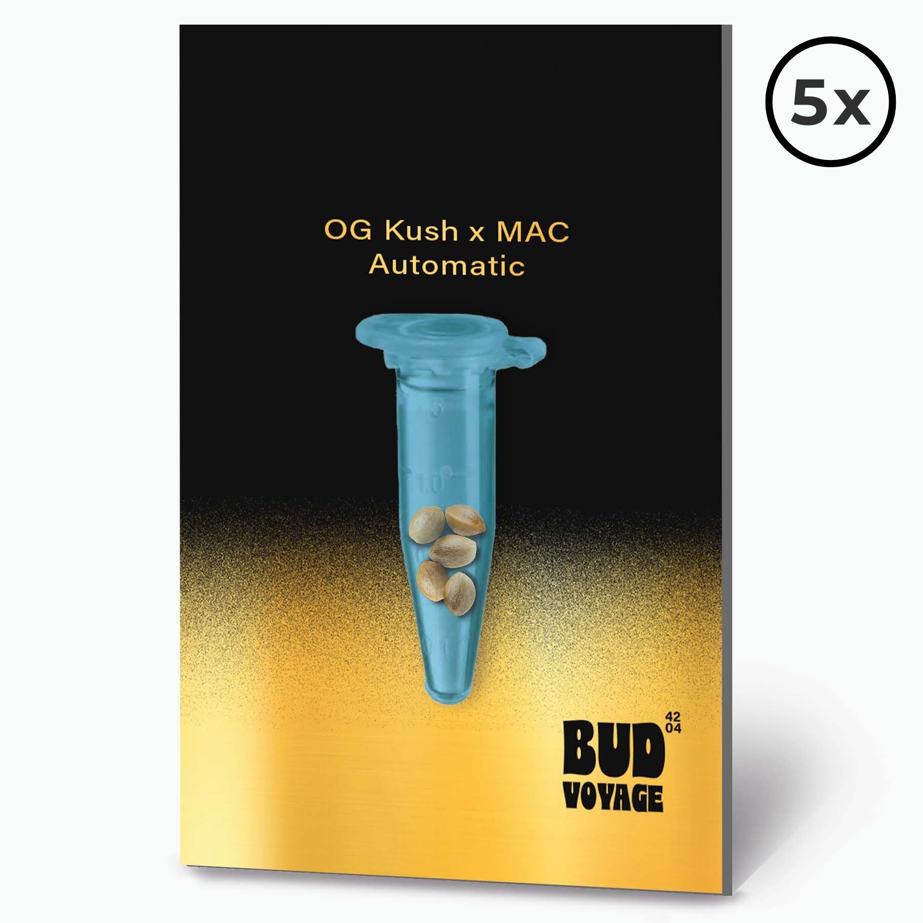 Digitale Kunst von Bud Voyage zeigt fünf OG Kush x MAC Automatic Hanfsamen in einer blauen Testtube vor einem goldenen und schwarzen Hintergrund.