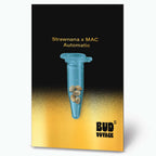 Bud Voyage digitale Kunst: Strawnana x MAC Automatic Hanfsamen in einer transparenten blauen Testtube vor einem goldenen und schwarzen Hintergrund gezeigt
