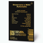Bud Voyage Grafikdesign:  Produktinformationen für Strawnana x MAC Automatic Hanfsaat, mit QR-Code, Barcode und detaillierter Beschreibung in goldener Schrift auf schwarzem Hintergrund.
