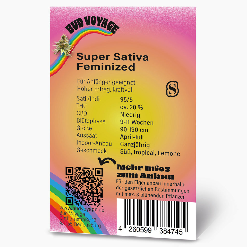 Bud Voyage Produktdesign: Super Sativa feminisiert Hanfpflanze mit Regenbogen, QR-Code und Barcode, süße tropische Zitronennoten
