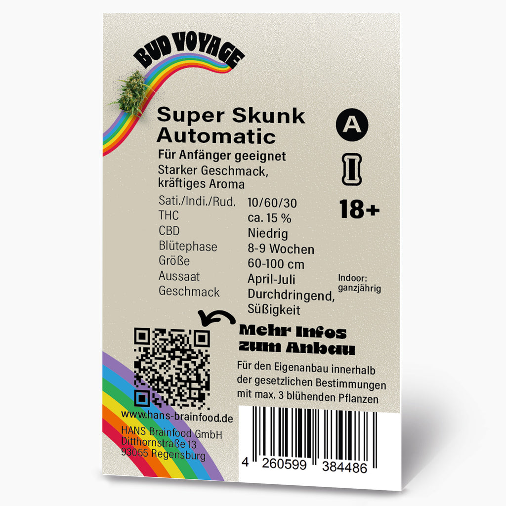 Grafik von Hans Brainfood GmbH: Super Skunk Automatic Samenpackung mit Regenbogen, QR-Code und detaillierten Angaben zum Anbau.
