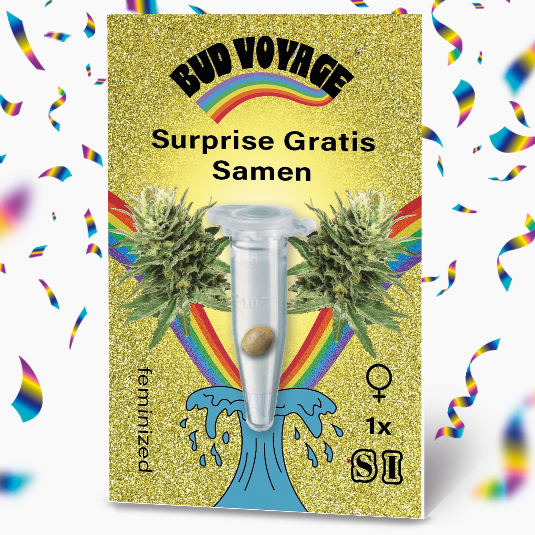 Bud Voyage Überraschungs-Gratis-Samenpackung zeigt Marihuana-Samen in einer Mikro-Röhre, flankiert von zwei Cannabis-Pflanzen, einem Regenbogen und Konfetti auf goldfarbenem Glitzerhintergrund
