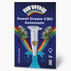 Bud Voyage Grafik: Sweet Dream CBD Automatic Samen in einer Reagenzglas, umgeben von Regenbogen und maritimen Motiven, zeigt drei feminisierte Samen und leuchtend grüne Cannabisblüten
