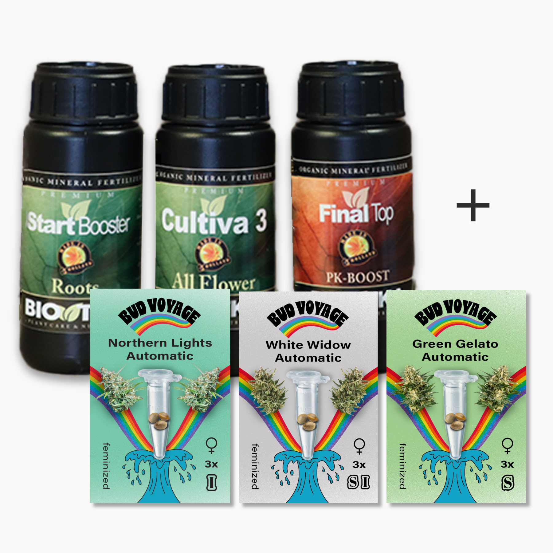 Produktfoto: Bud Voyage Samen, Düngemittel Start Booster, Cultiva 3 und Final Top,  Cannabis Sorten Northern Lights, White Widow und Green Gelato,  drei feminisierte Samen pro Packung,  regenbogenfarbene Details und  wasserwellenförmige Grafiken
