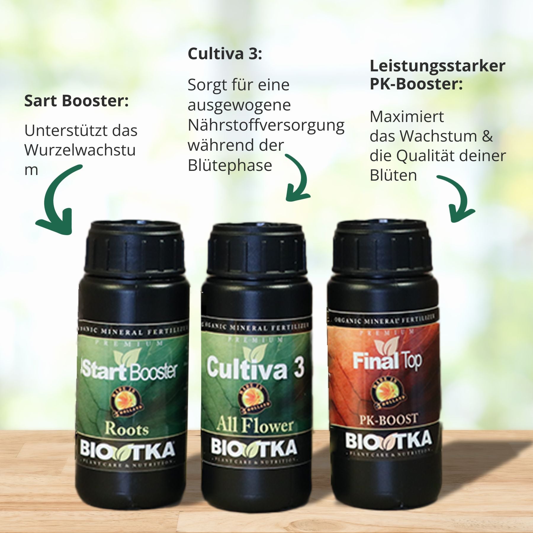 Produktfoto von BioTka Düngemitteln: Start Booster, Cultiva 3 und Final Top, auf einem Holztisch mit grünem Hintergrund, die Flaschen zeigen kräftige Farben und detaillierte Etiketten
