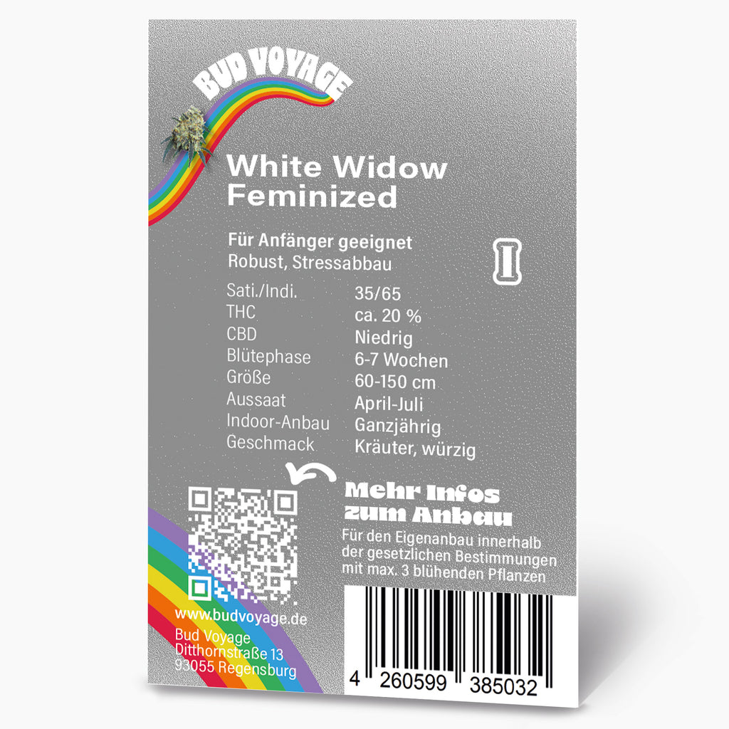 Bud Voyage Produktgrafik: White Widow feminisierte Hanfsamen, Regenburg, mit Regenbogen, QR-Code und Barcode, detaillierte Angaben zum Anbau
